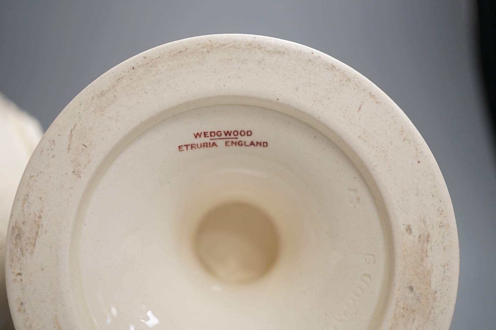 A pair of Wedgwood Etruria creamware vases and covers, c.1900, 28cm tall